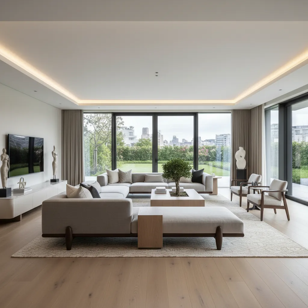 Modern minimalist living room with grey sofa wood flooring large glass sliding doors and garden