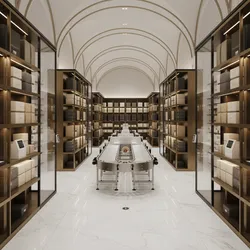 Luxury storage room featuring arched ceiling wooden shelves white boxes and a central moving belt