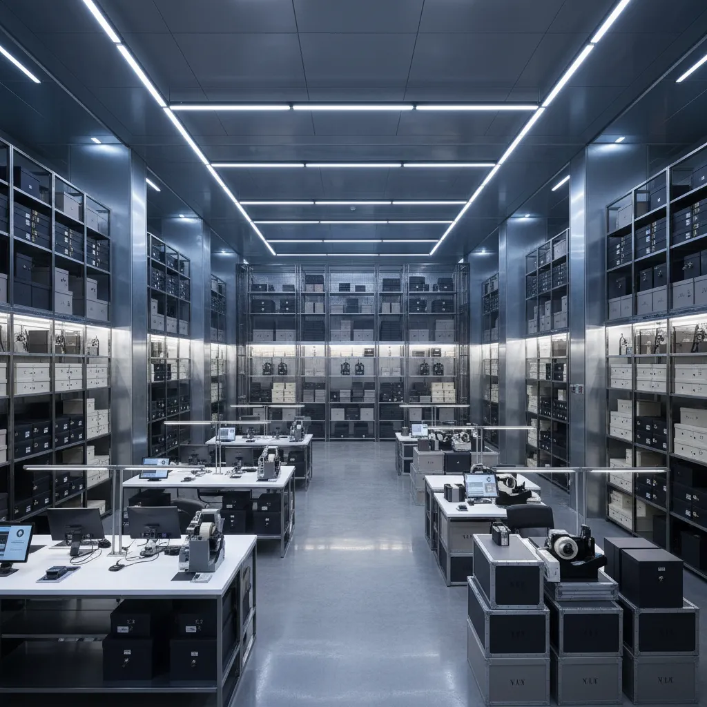 Modern warehouse featuring metal storage shelves computer workstations bright ceiling lights and clean grey floors