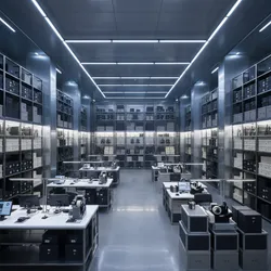 Modern warehouse featuring metal storage shelves computer workstations bright ceiling lights and clean grey floors