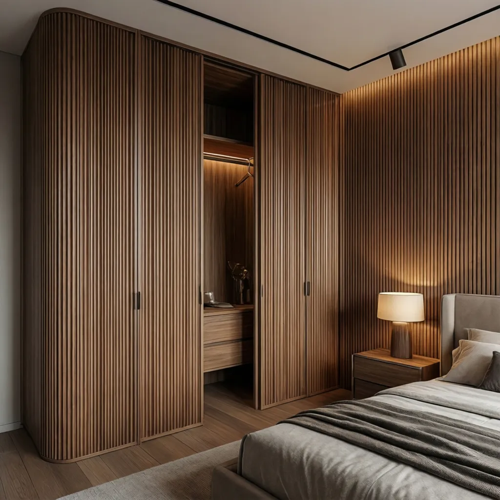Luxury fluted wood bifold closet doors in modern bedroom