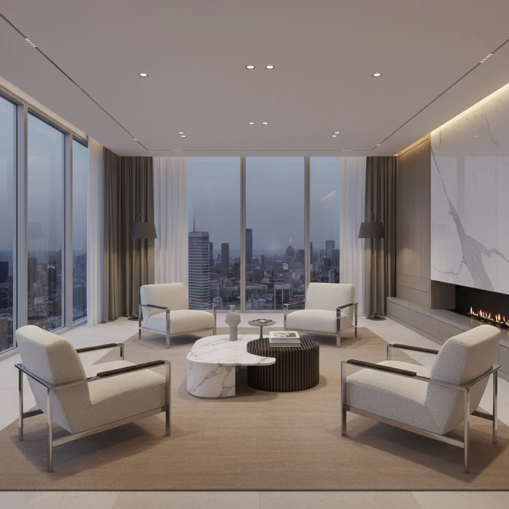 luxury living room seating cluster with four chairs and large rug