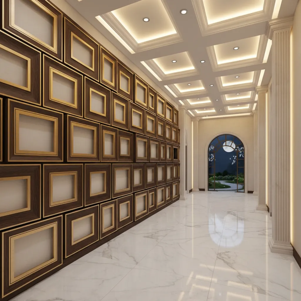 Luxury interior with large empty frame wall installation and lighting