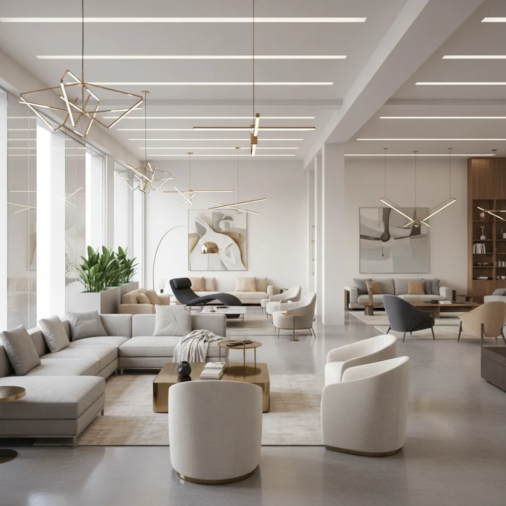 modern luxury furniture showroom in Delhi with designer sofas and lighting