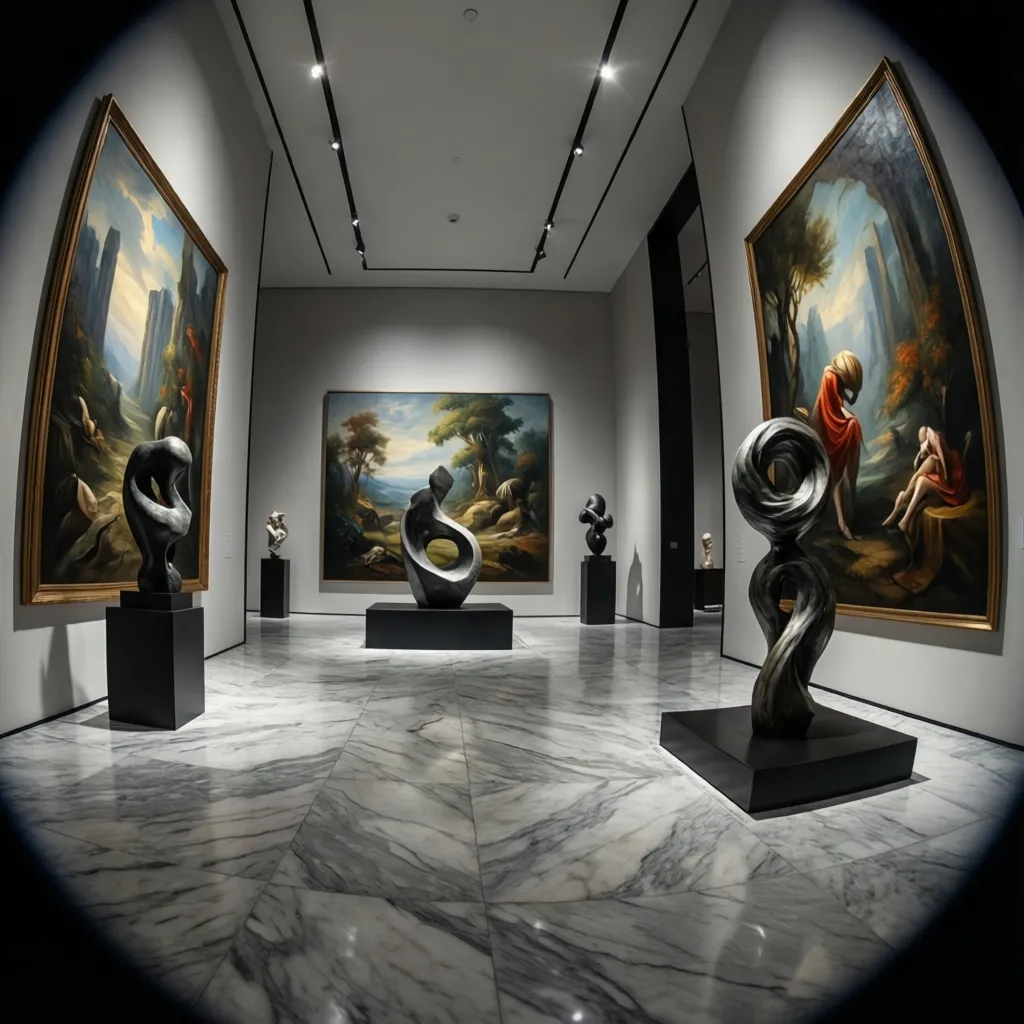 Interior con estética de galería de arte integrado en un espacio de lujo