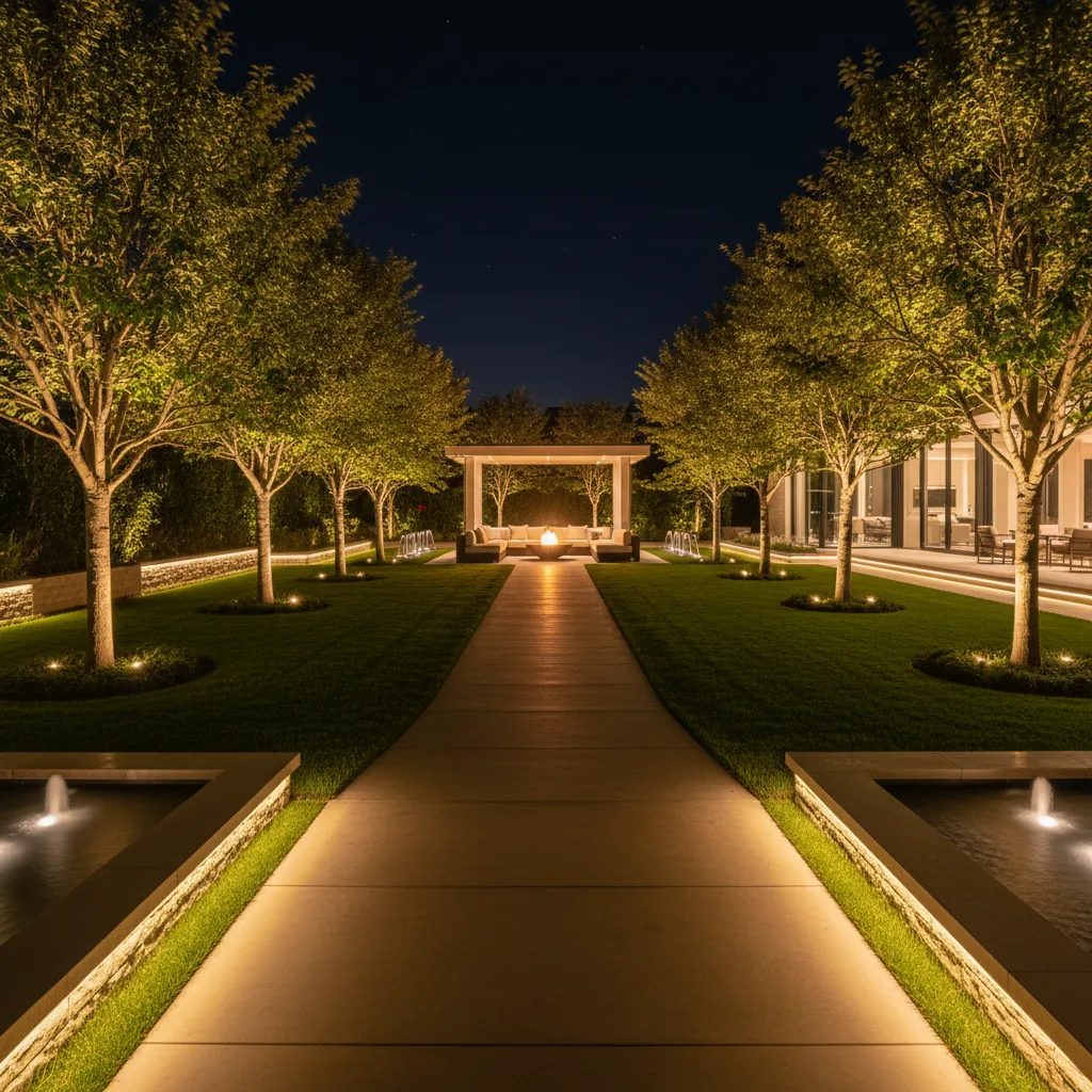 Iluminación nocturna en un jardín de casa de lujo con senderos y árboles iluminados
