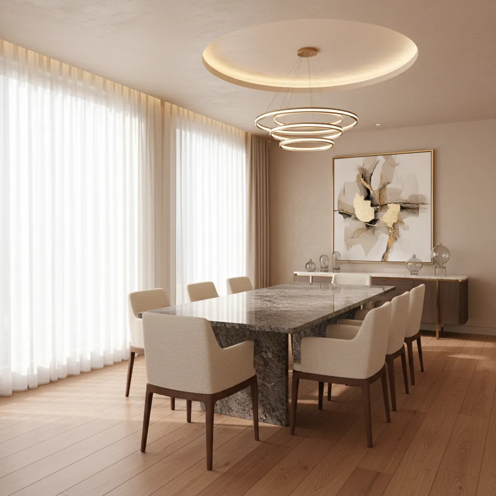 Luxury dining room with granite table and upholstered dining chairs