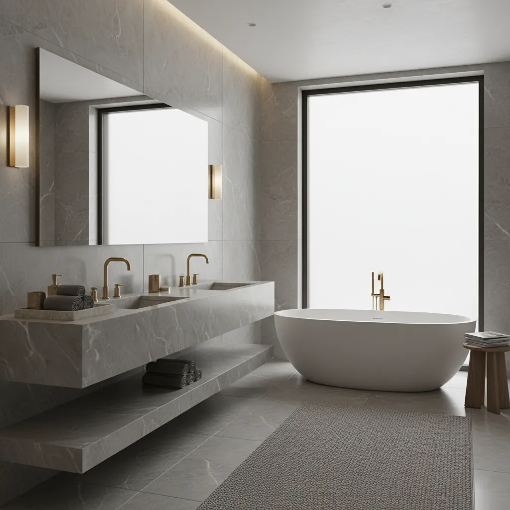 Luxury styled grey bathroom with brass fixtures, stone tray, and soft lighting