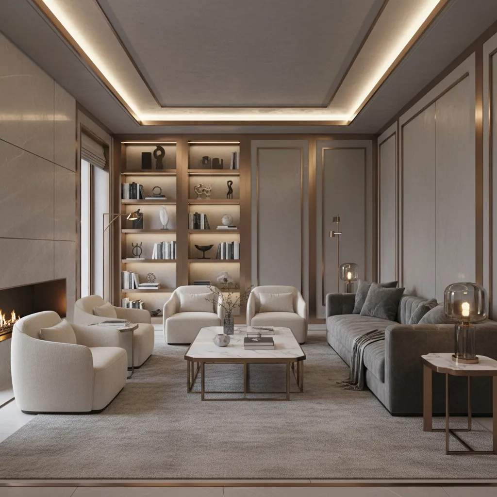 Luxury living room with grey palette and architectural bronze details