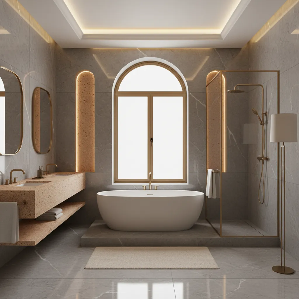 Luxury bathroom with grey marble and peach toned natural materials