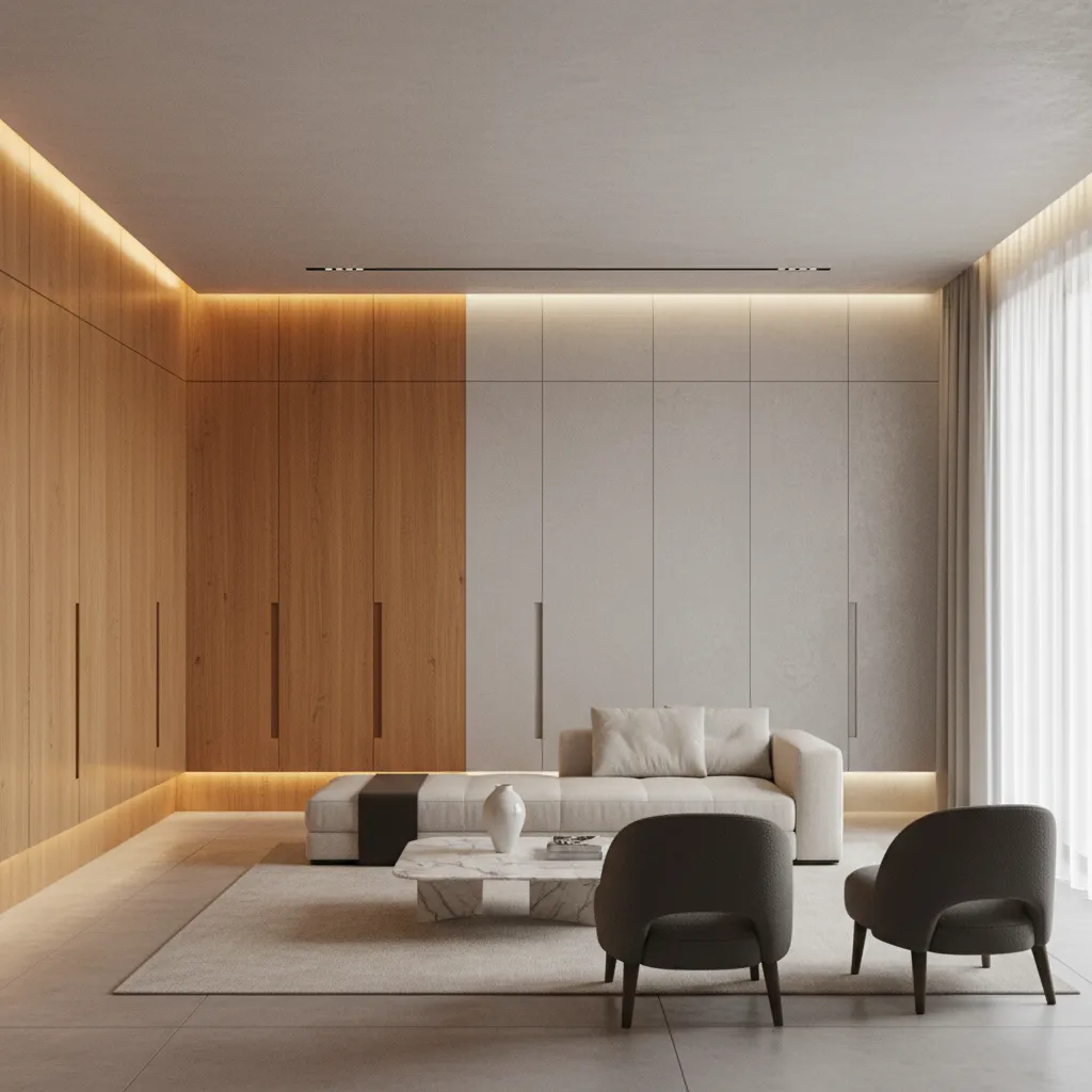 Minimalist living room featuring wooden wall panel hidden cabinet storage beige sofa and grey armchairs