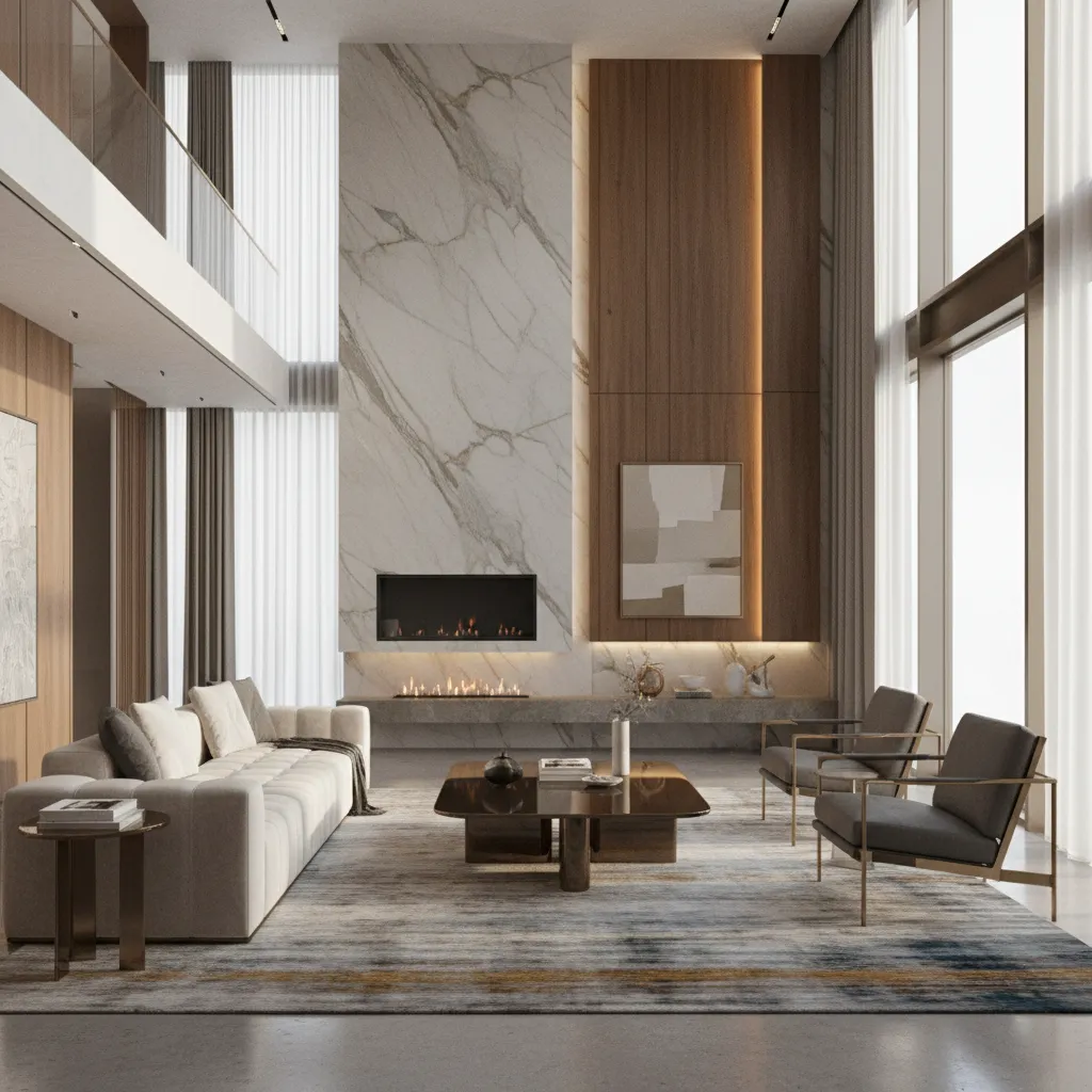 Modern tall living room with white sofa coffee table marble wall fireplace and wall panel