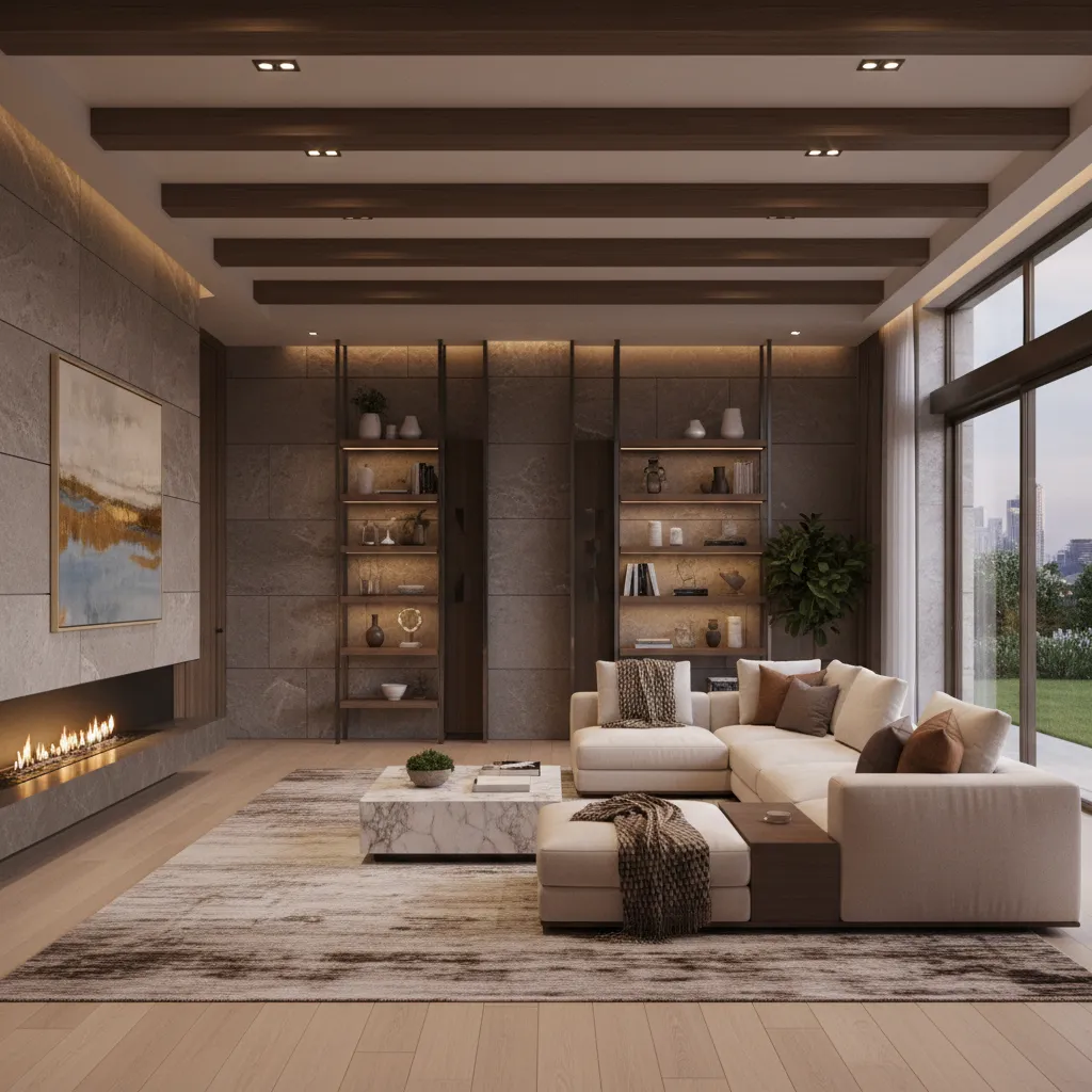 Modern living room with cream sofa stone wall panels wooden ceiling beams fireplace and windows