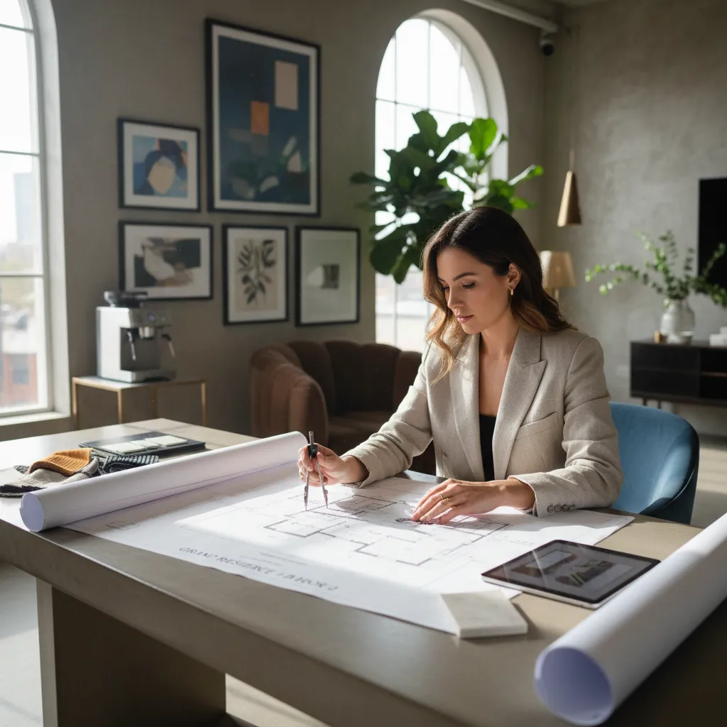 Female designer working on a paper room layout with a compass and a digital tablet