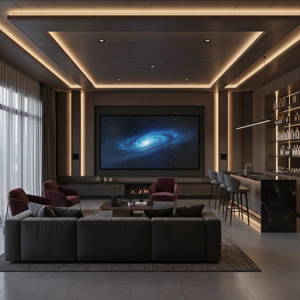 Luxury home entertainment room with bar seating and media wall