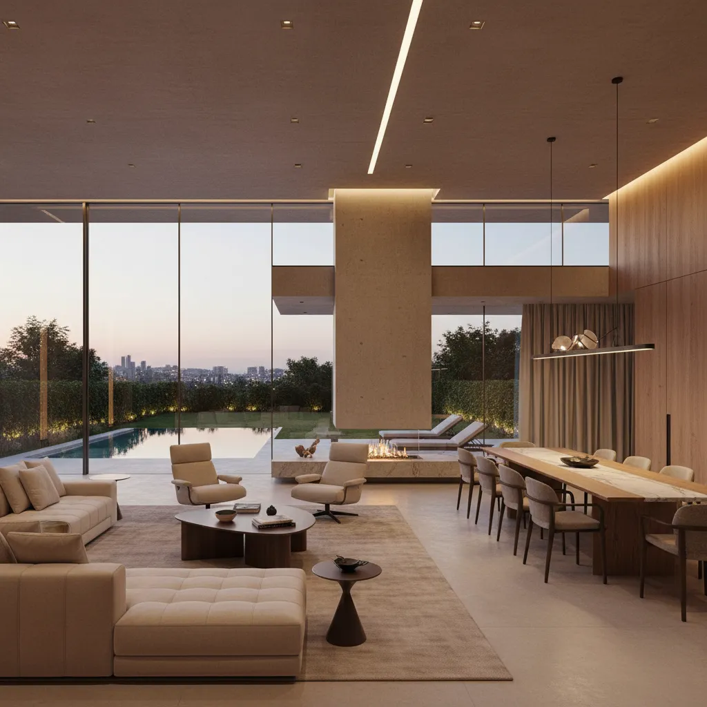Large modern living room with big windows showing a pool and city view at evening
