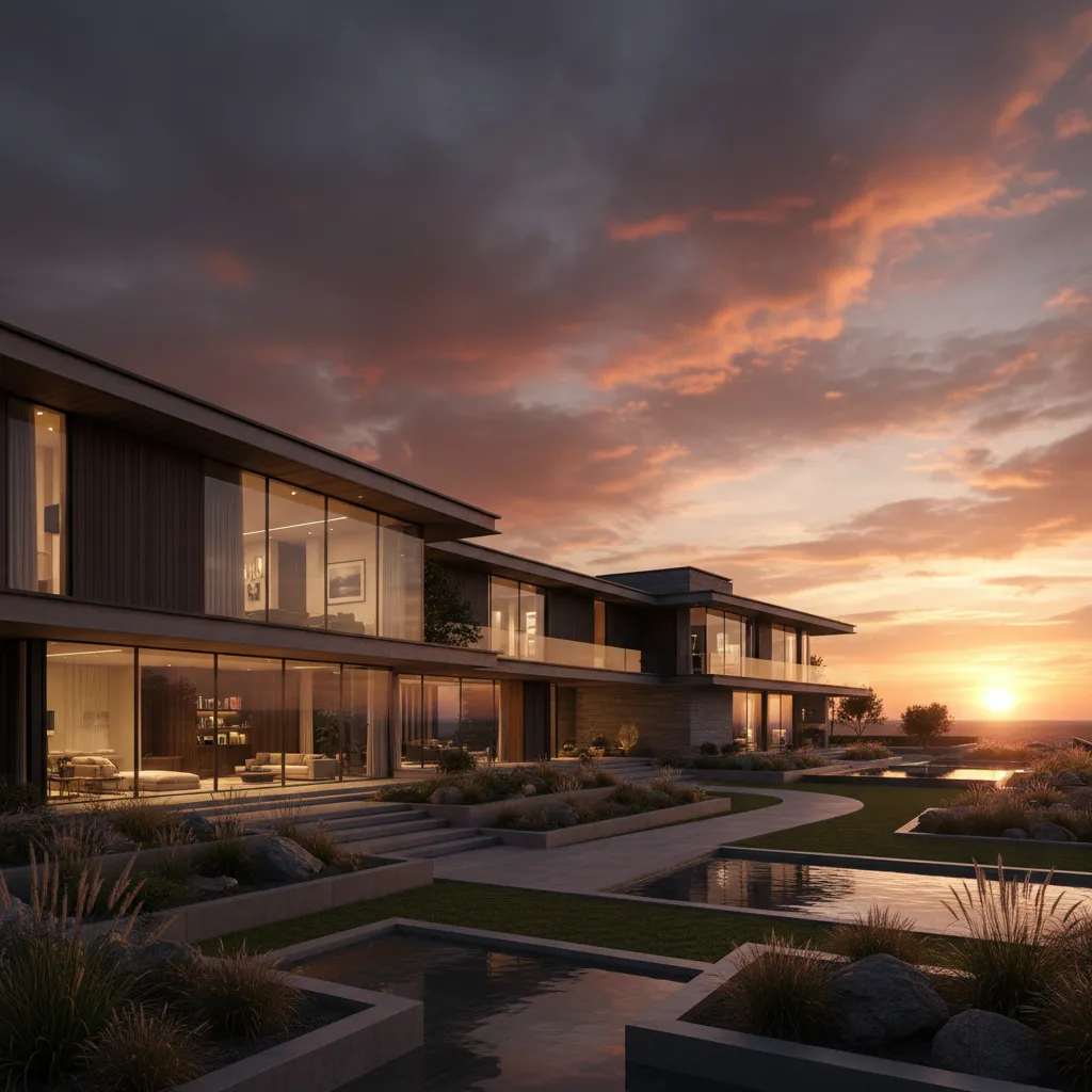 luxury modern house exterior rendering at sunset with warm lighting