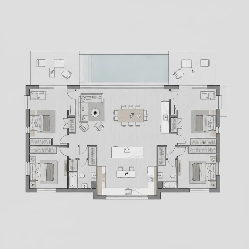 Top down house floor plan showing four bedrooms dining area kitchen and backyard swimming pool