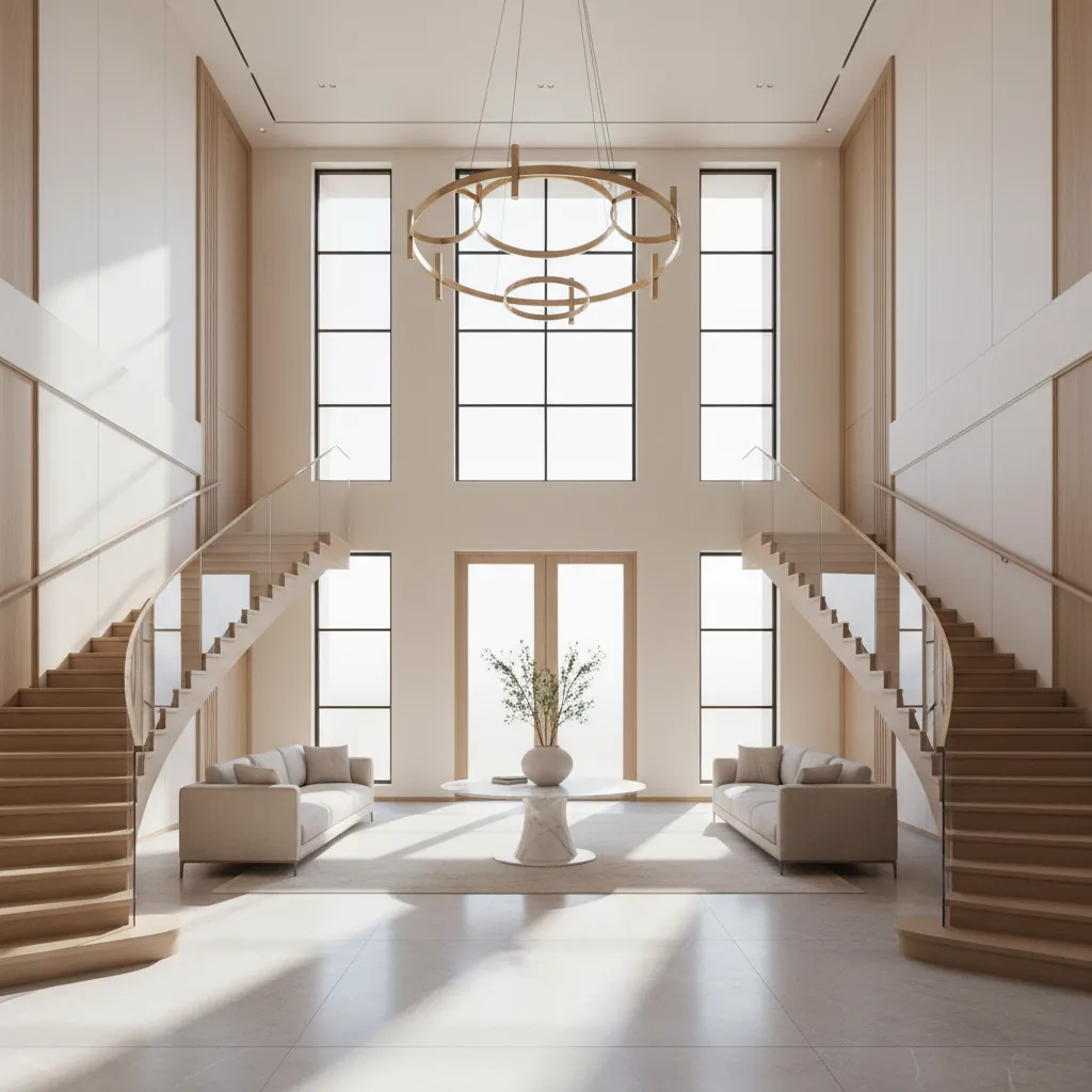 luxury house entrance sequence with grand foyer and symmetrical architecture
