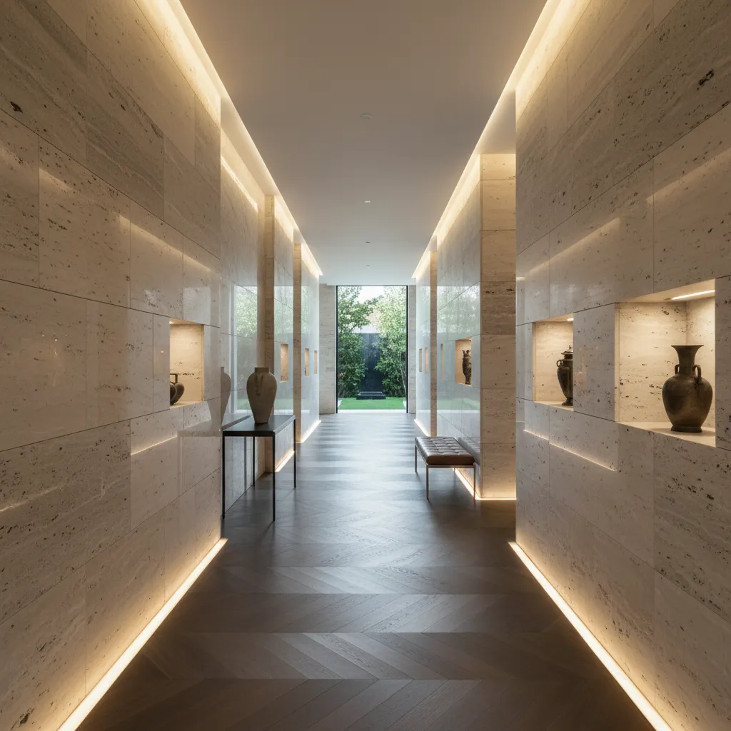 Pasillo amplio y elegante en una casa de lujo con iluminación indirecta