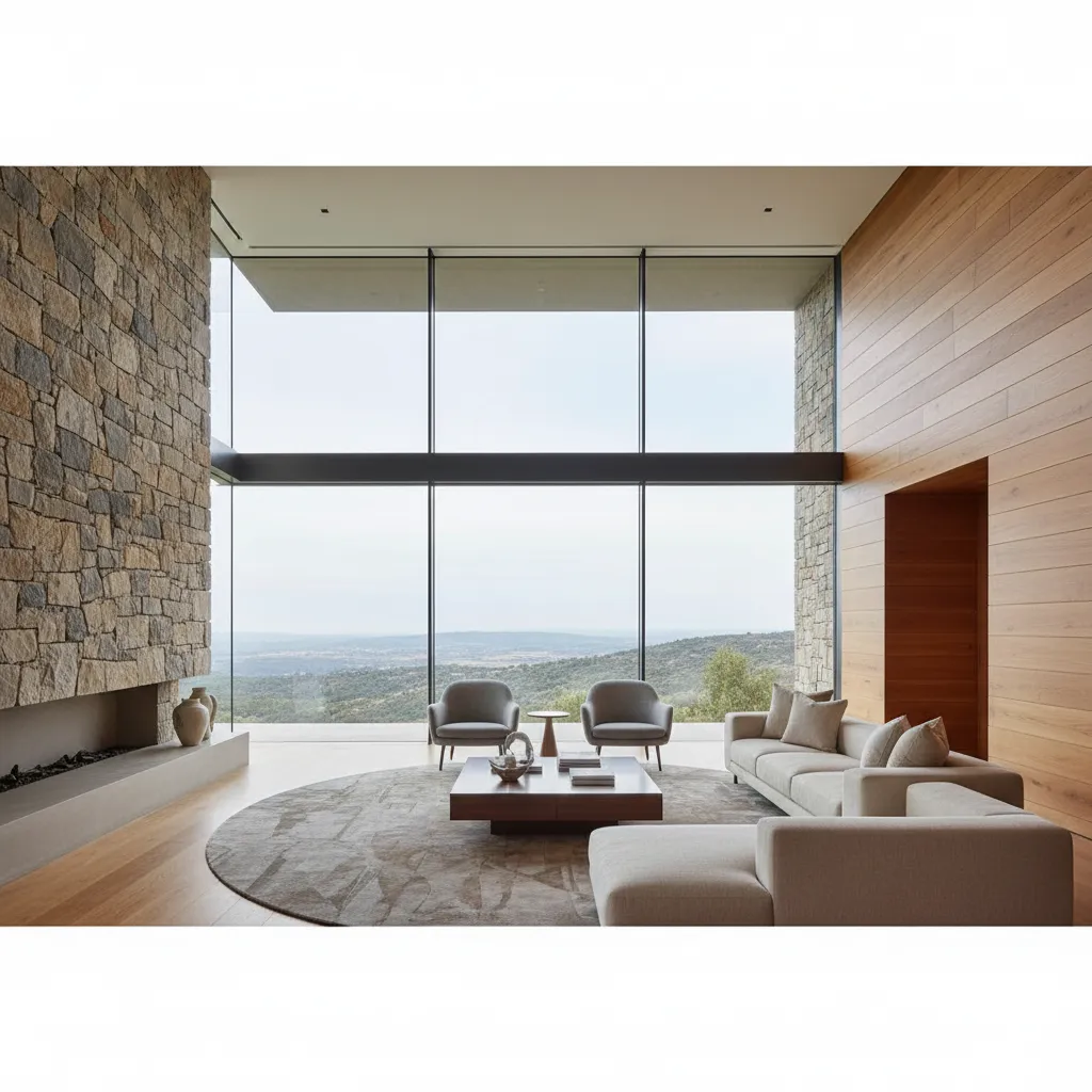 Minimalist living room with large windows showing a mountain view stone wall and beige furniture