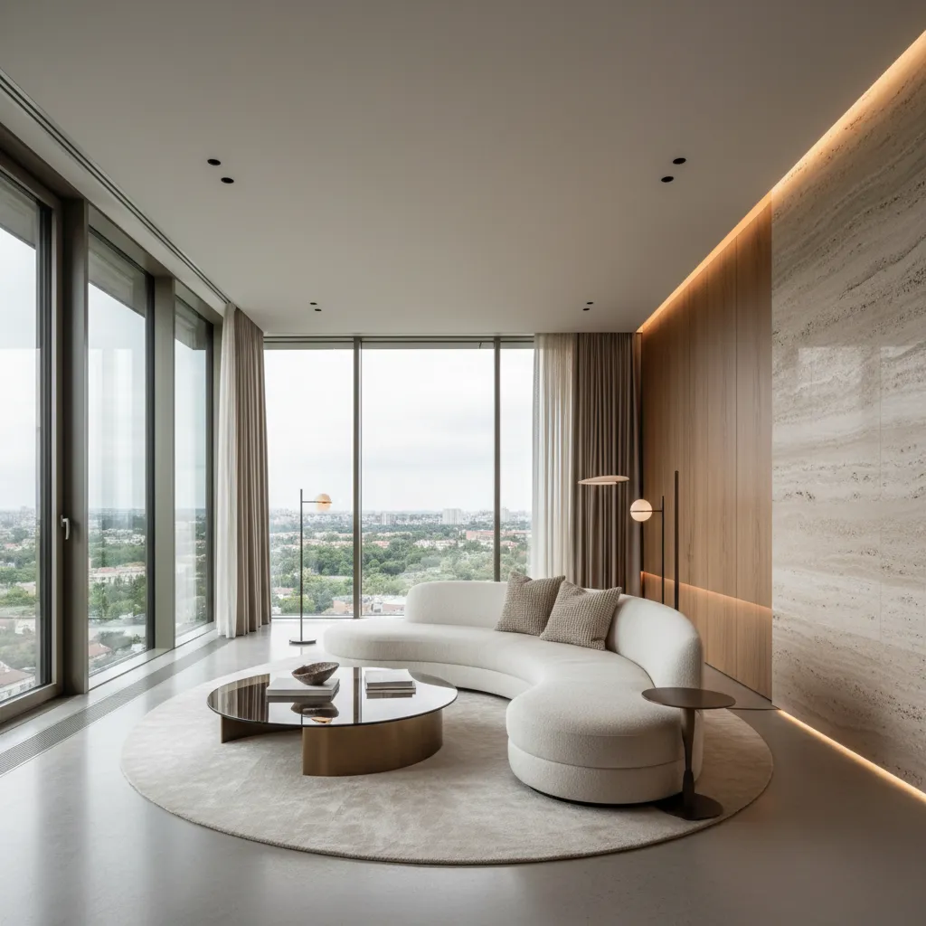 Curved white sofa on round rug with coffee table near large windows showing city view