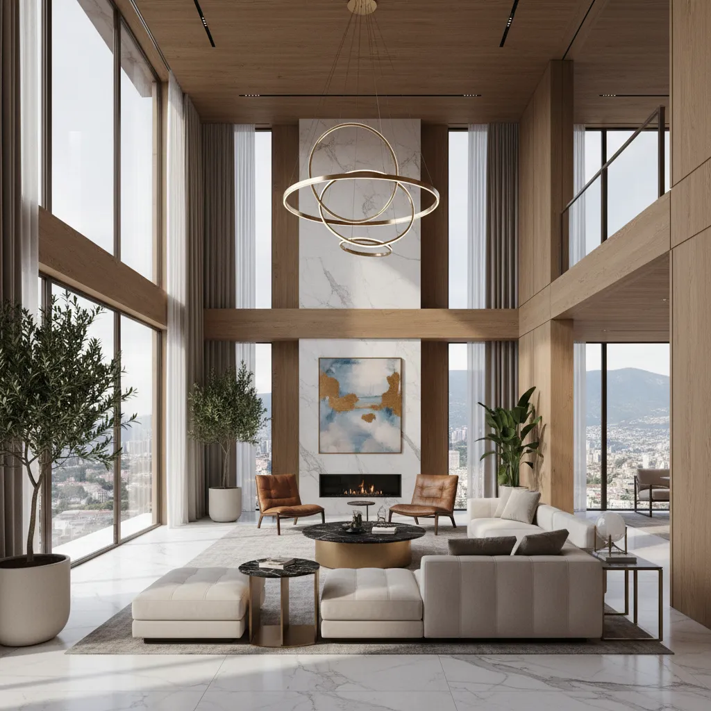 Luxury modern home interior rendering showing high end finishes and open space