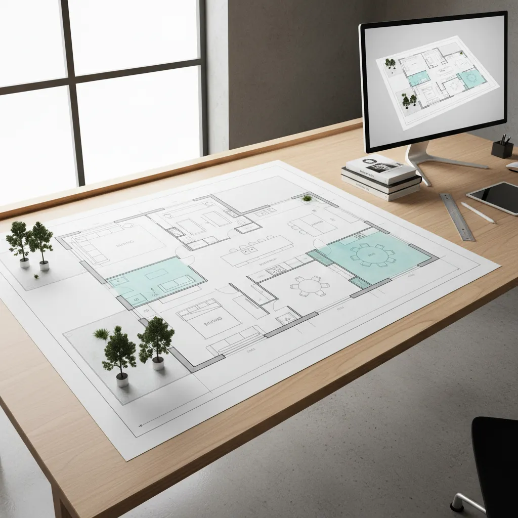Interior design drawing on wooden desk with computer monitor showing home floor plan and trees