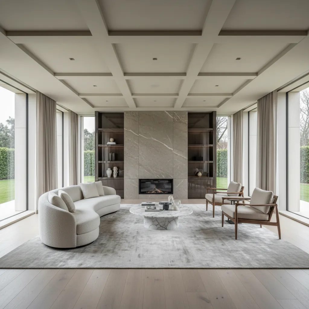 Modern living room with curved white sofa marble coffee table fireplace wall and big windows