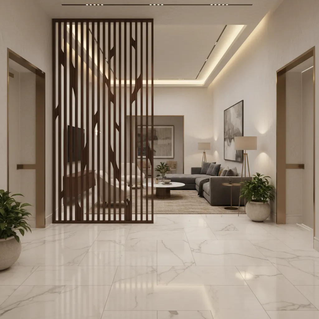 Luxury home entrance lobby separated from living room by decorative wood screen