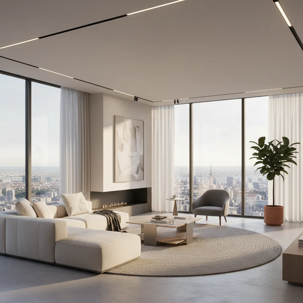 modern luxury living room with large windows and natural daylight