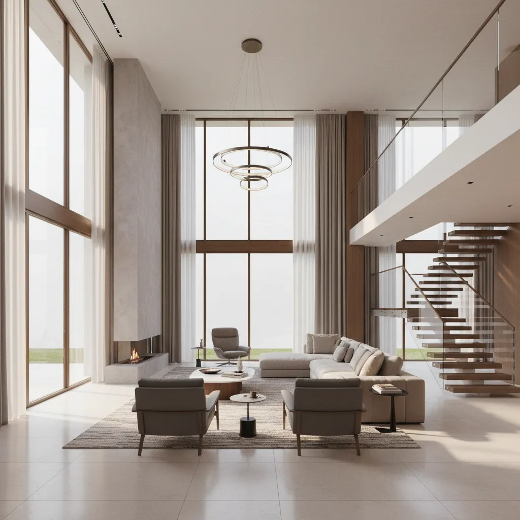 Luxury living room with double height ceiling and natural light