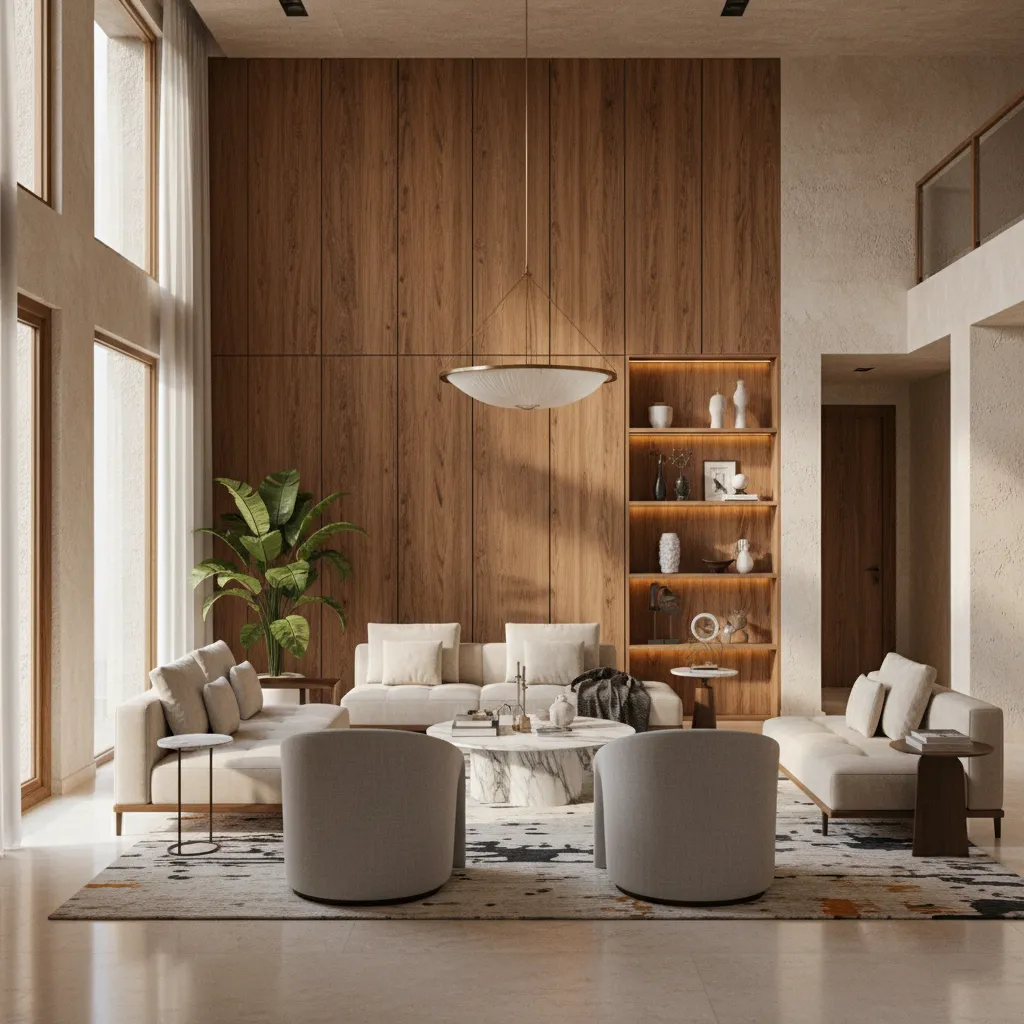 Luxury interior using stone flooring and wood finishes