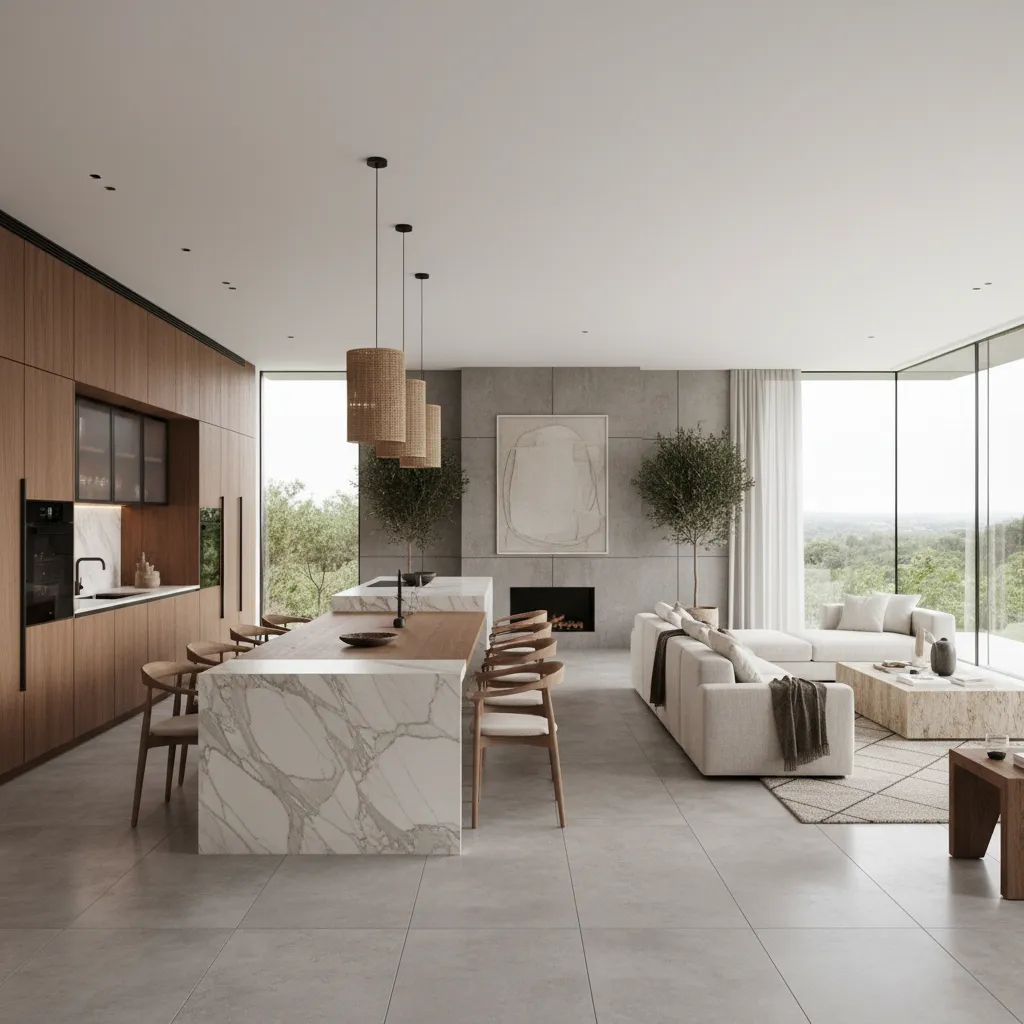Interior design drawing of open plan kitchen with marble island wooden chairs and white sofa