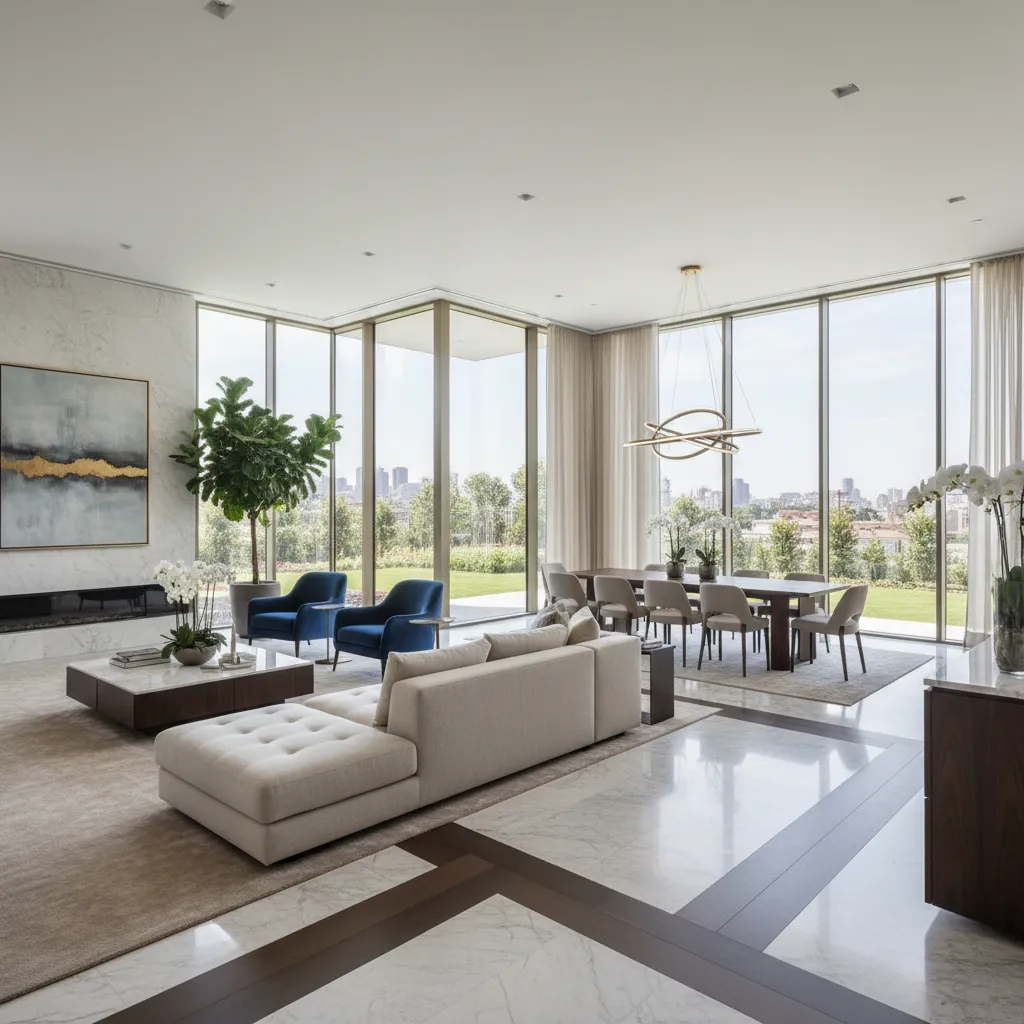 Modern open plan living room with beige sofa blue chairs marble floor and dining area