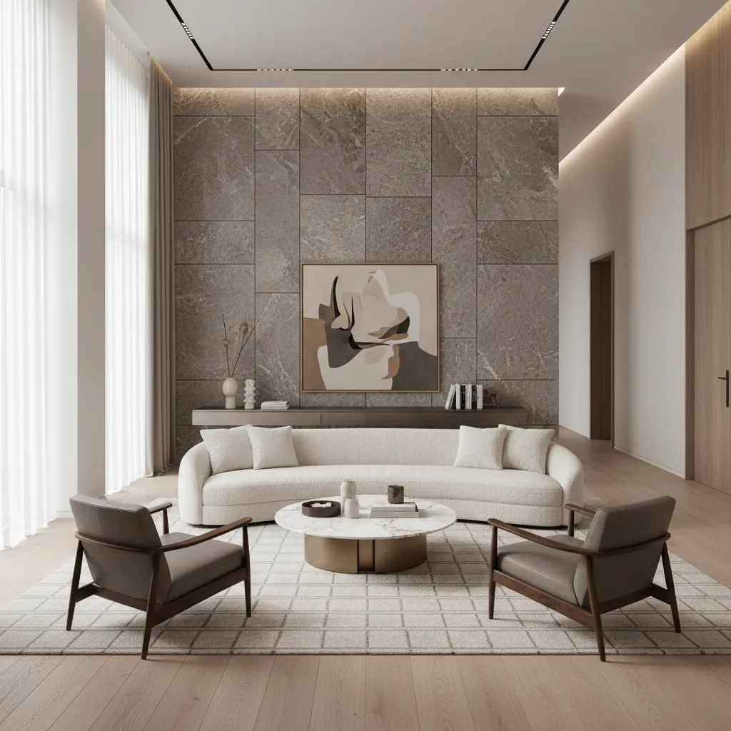 Modern living room with white curved sofa two grey armchairs marble table and stone wall