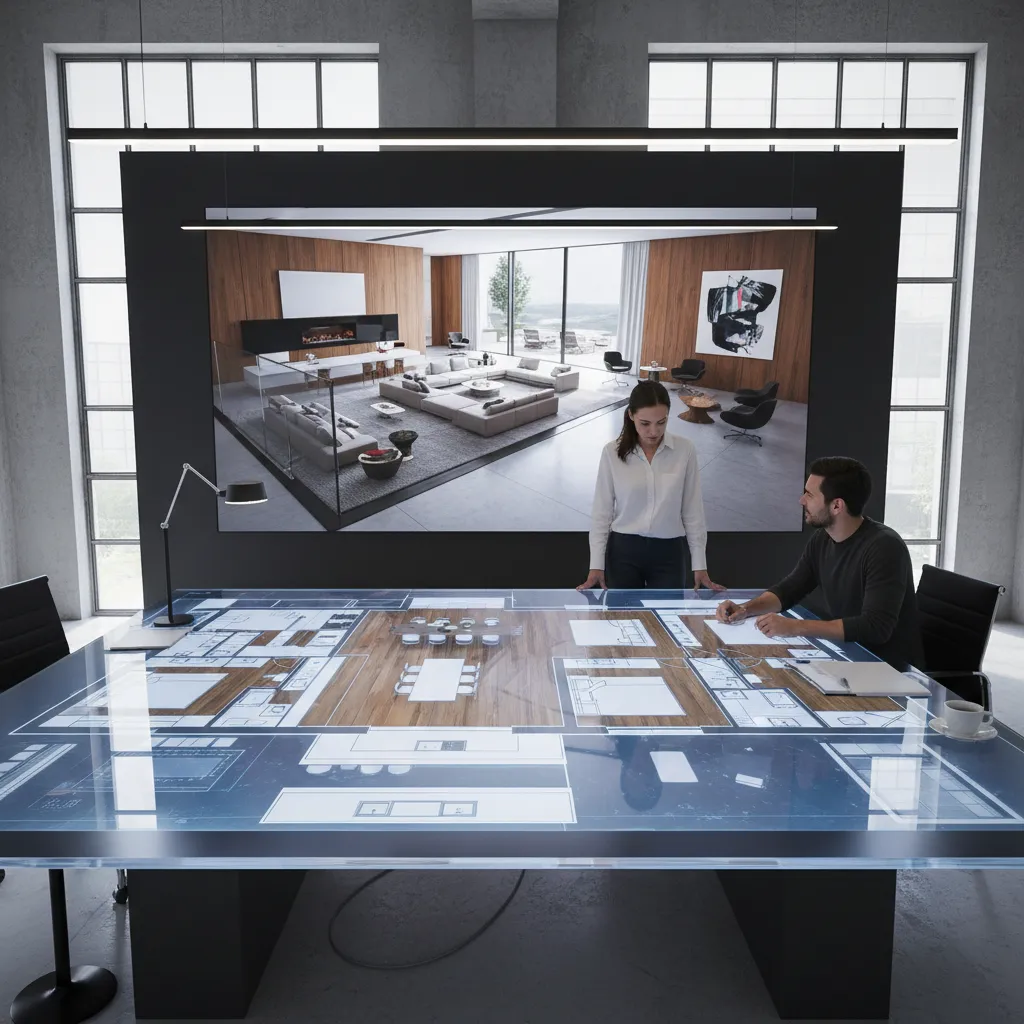 Two people reviewing a digital room layout and interior design drawing on a large screen
