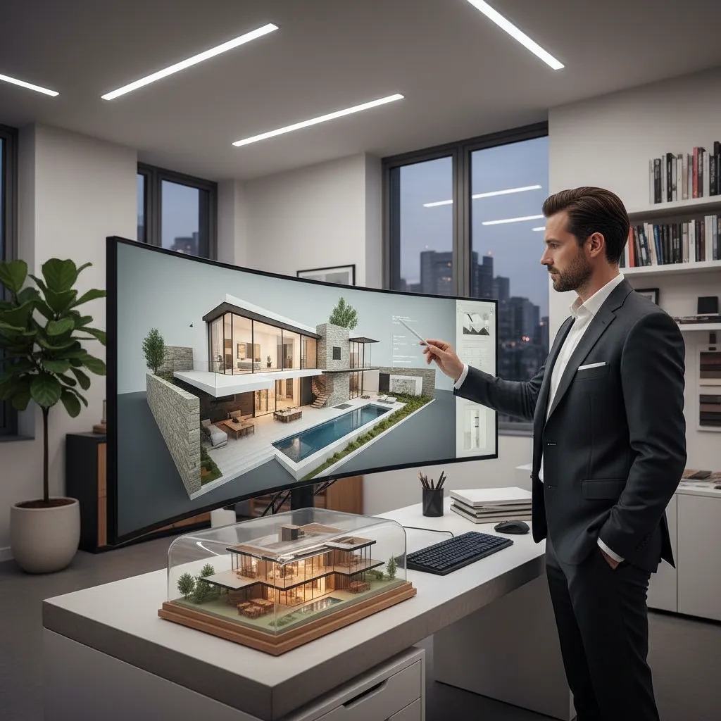 Man in suit pointing at interior design drawing on large curved screen with house model
