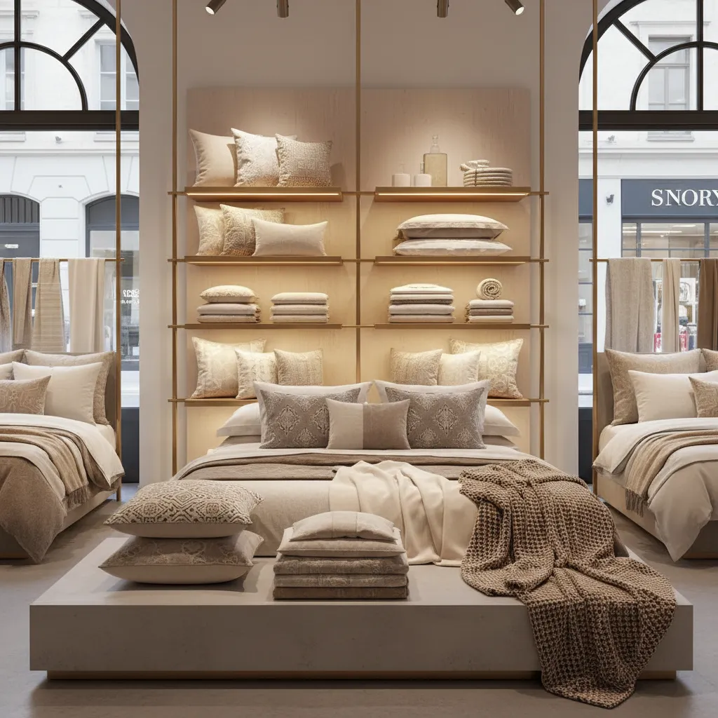 luxury bedding cushions and embroidered textiles displayed in premium home decor store