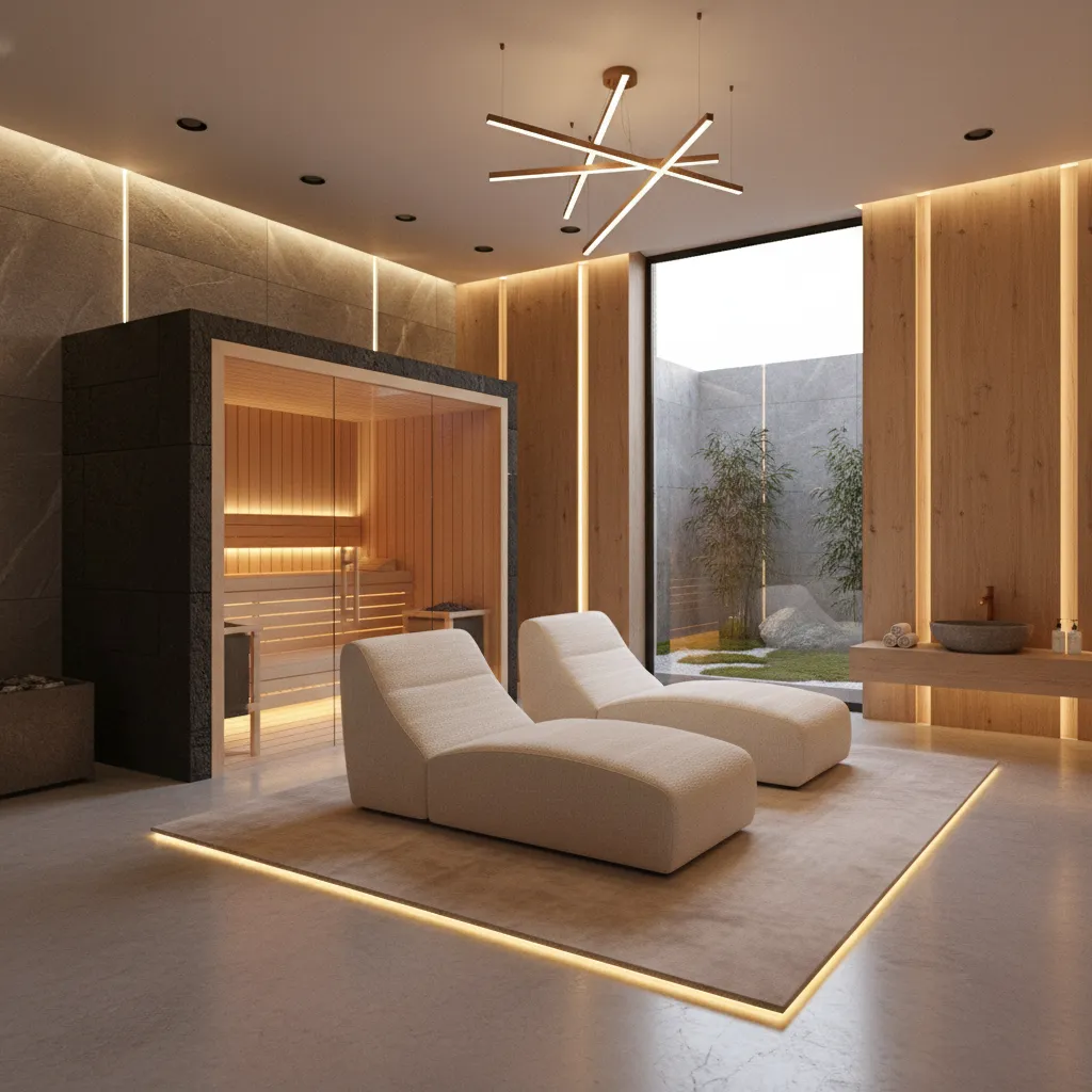Private wellness spa area inside a luxury mansion with sauna and relaxation space