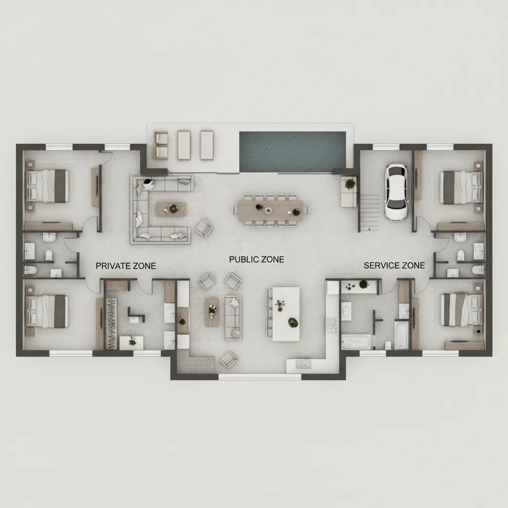 Architectural zoning concept for a large luxury house showing public and private wings