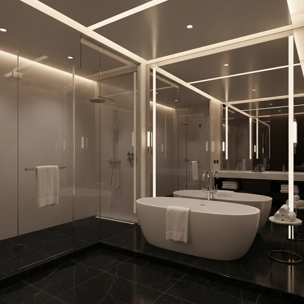 luxury hotel bathroom with black marble floor and glass shower