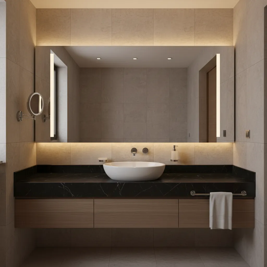 Luxury hotel bathroom vanity with black countertop and large mirror