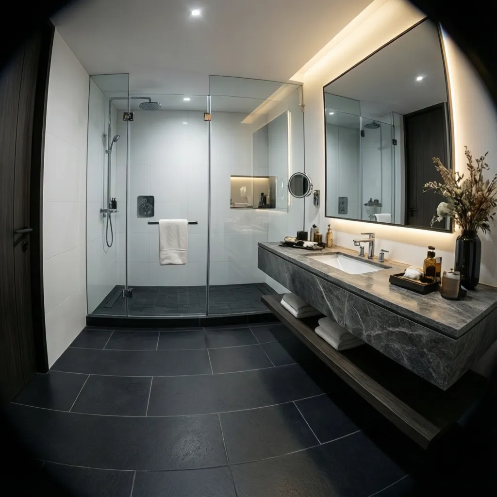 Modern hotel bathroom with dark tiled floor and bright white walls