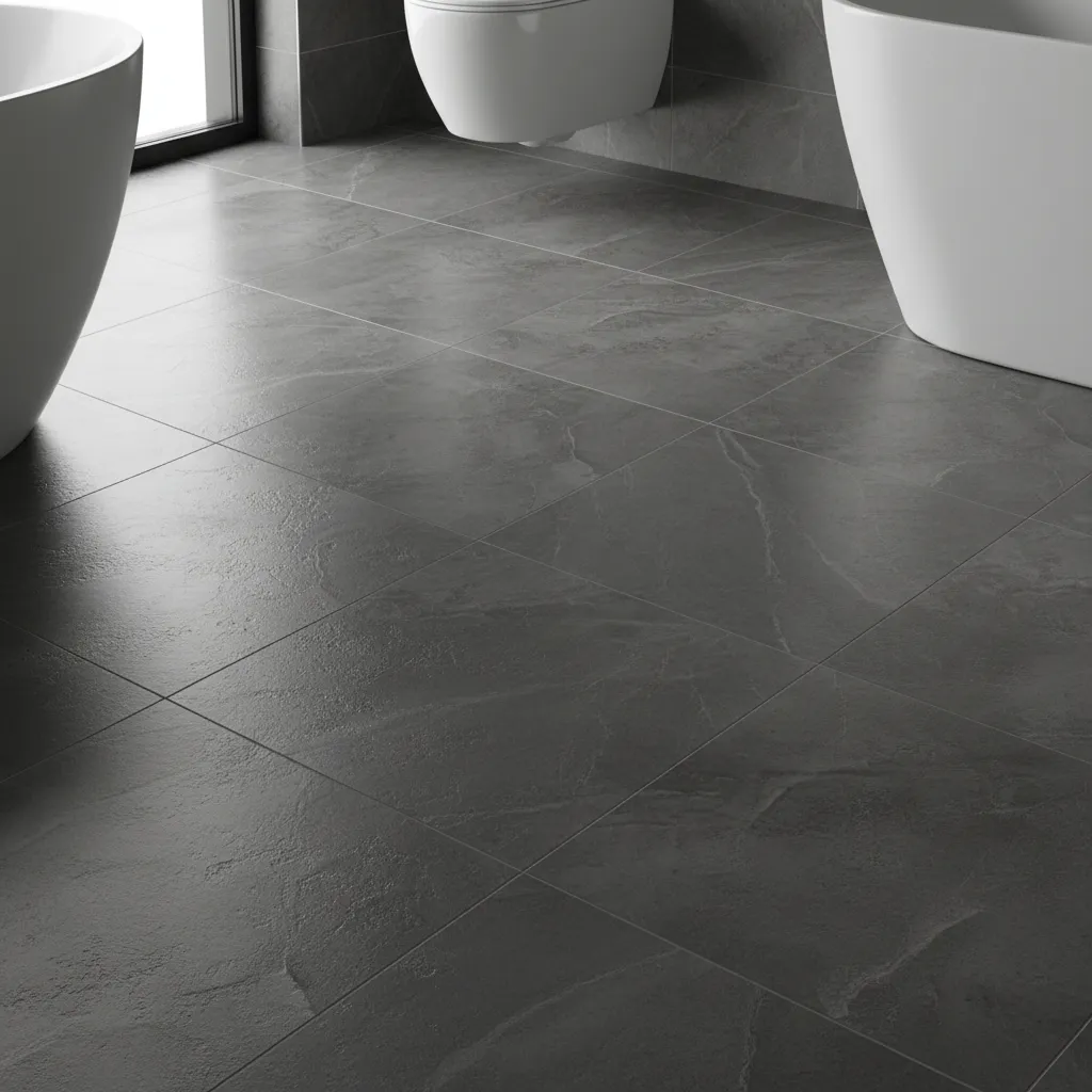 Close view of textured dark grey porcelain bathroom floor tiles used in luxury hotels