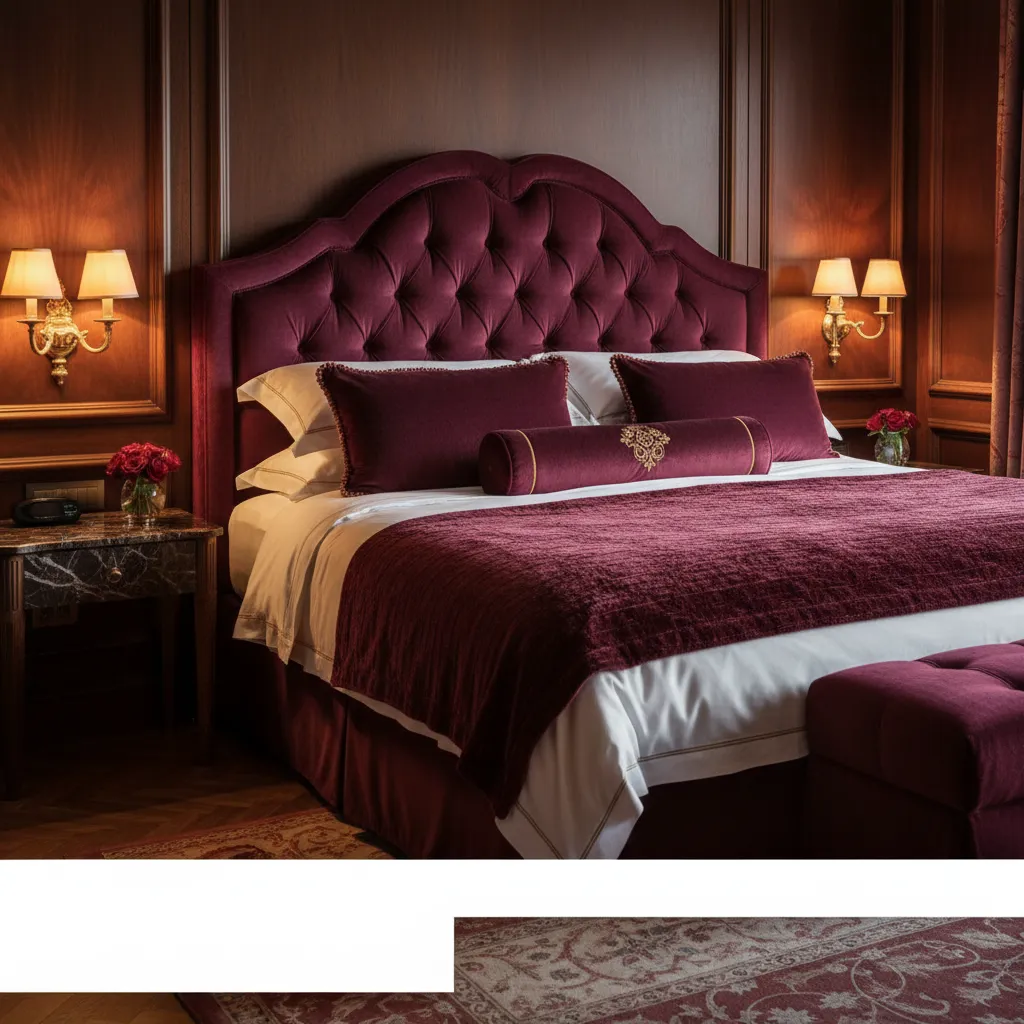 Close view of velvet burgundy bedding textures in luxury hotel bedroom