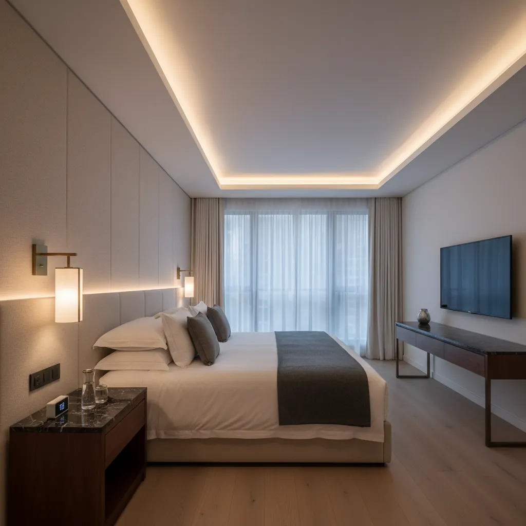 Luxury hotel bedroom demonstrating layered lighting with wall sconces and ambient lighting