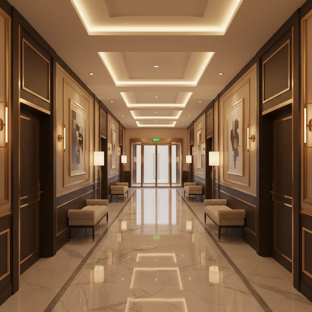 wide luxury hotel corridor designed for emergency evacuation with clear exit signage