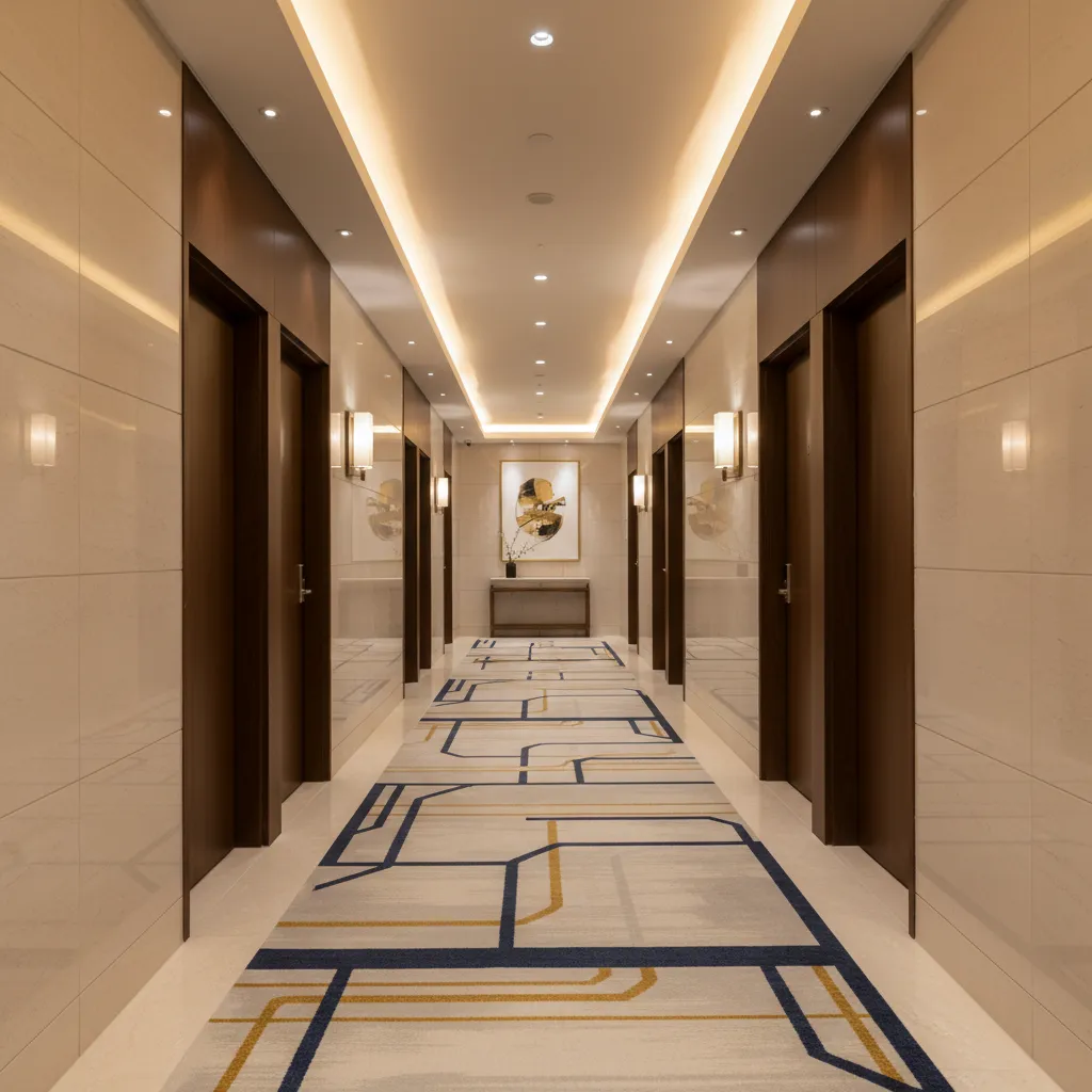 luxury hotel guest floor corridor with rooms aligned along both sides