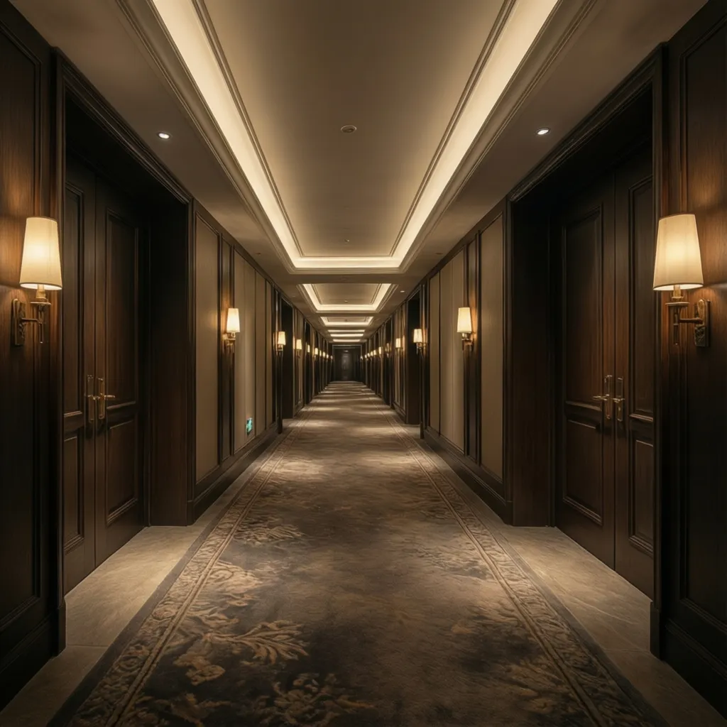 Wide luxury hotel corridor showing generous circulation space and elegant lighting